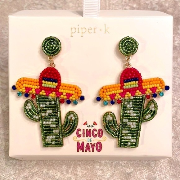 Brand New Piper K Cinco De Mayo Mexican Cactus Sombrero Beaded Drop Earrings - Picture 10 of 10
